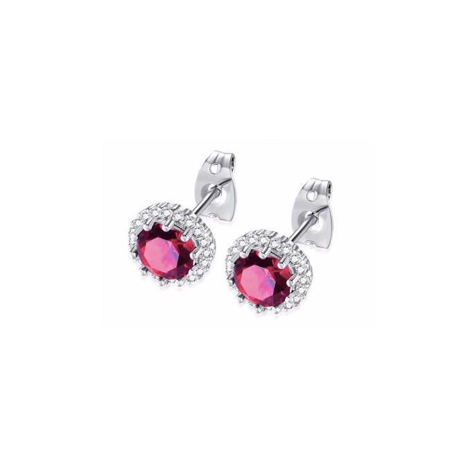 10k White Gold Plated 4 Ct Created Halo Round Ruby Stud Earrings