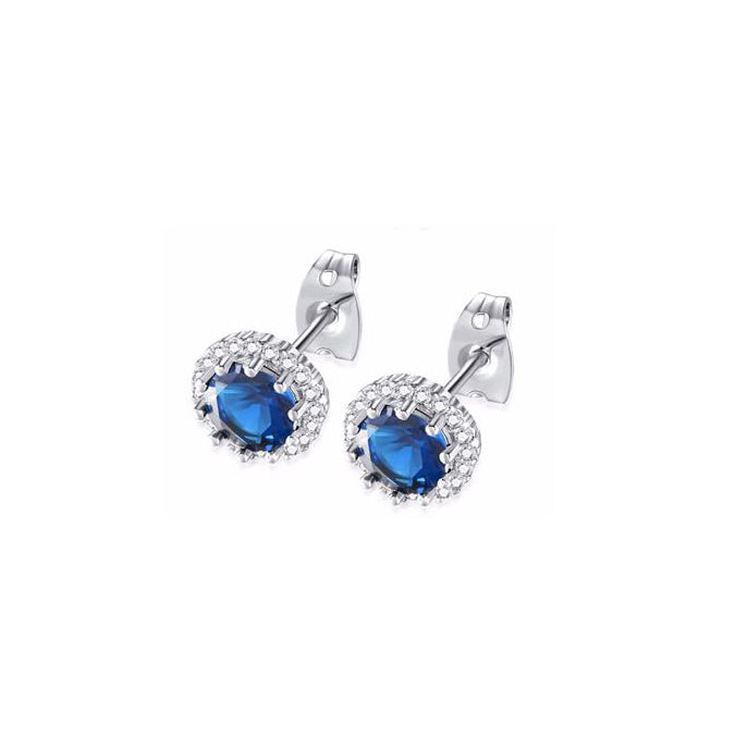 10k White Gold Plated 3 Ct Created Halo Round Blue Sapphire Stud Earrings
