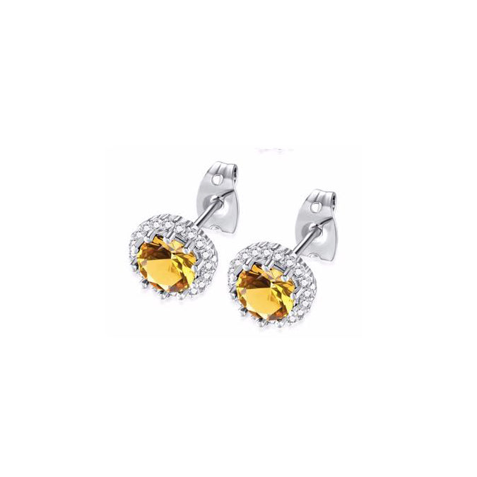10k White Gold Plated 4 Ct Created Halo Round Citrine Stud Earrings