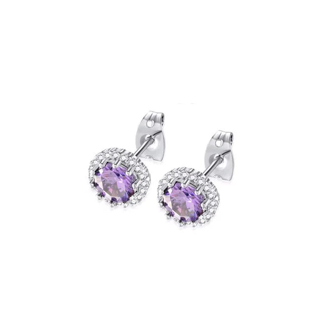 18k White Gold Plated 1/4 Carat Created Halo Round Amethyst Stud Earrings 4mm