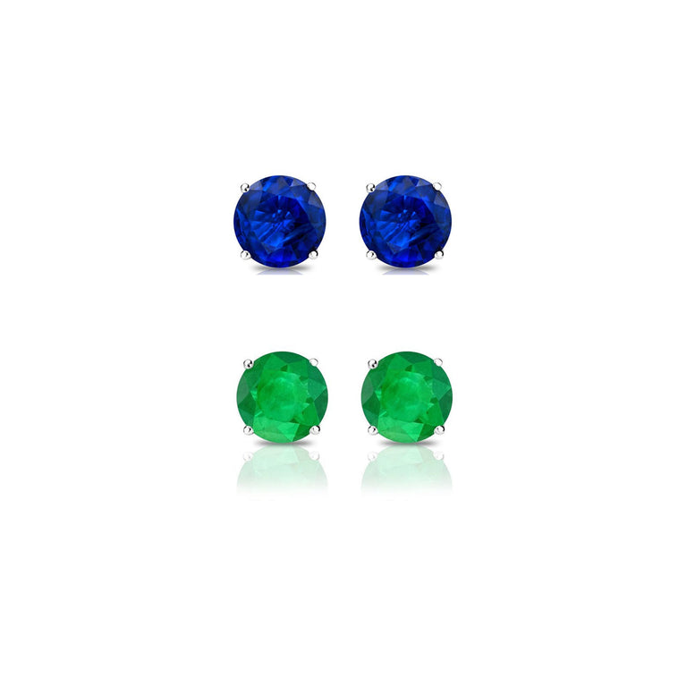 14k White Gold Plated 1/2Ct Created Blue Sapphire and Emerald 2 Pair Round Stud Earrings