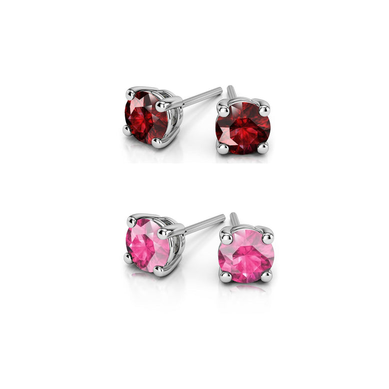 14k White Gold Plated 1/2Ct Created Ruby and Pink Sapphire 2 Pair Round Stud Earrings