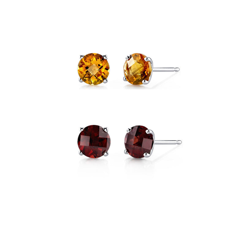18k White Gold Plated 4Ct Created Citrine and Garnet 2 Pair Round Stud Earrings