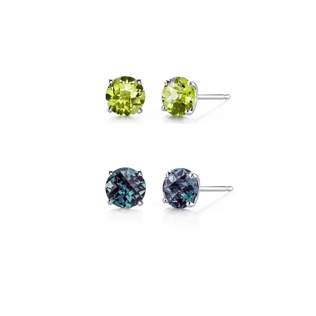 18k White Gold Plated 4Ct Created Peridot and Alexandrite 2 Pair Round Stud Earrings