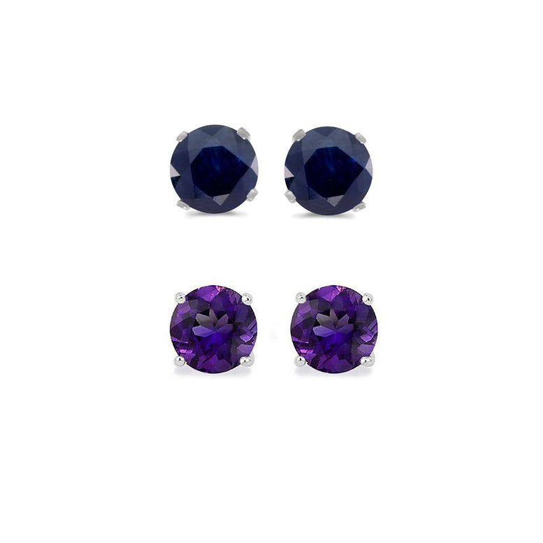 14k White Gold Plated 2Ct Created Black Sapphire and Amethyst 2 Pair Round Stud Earrings
