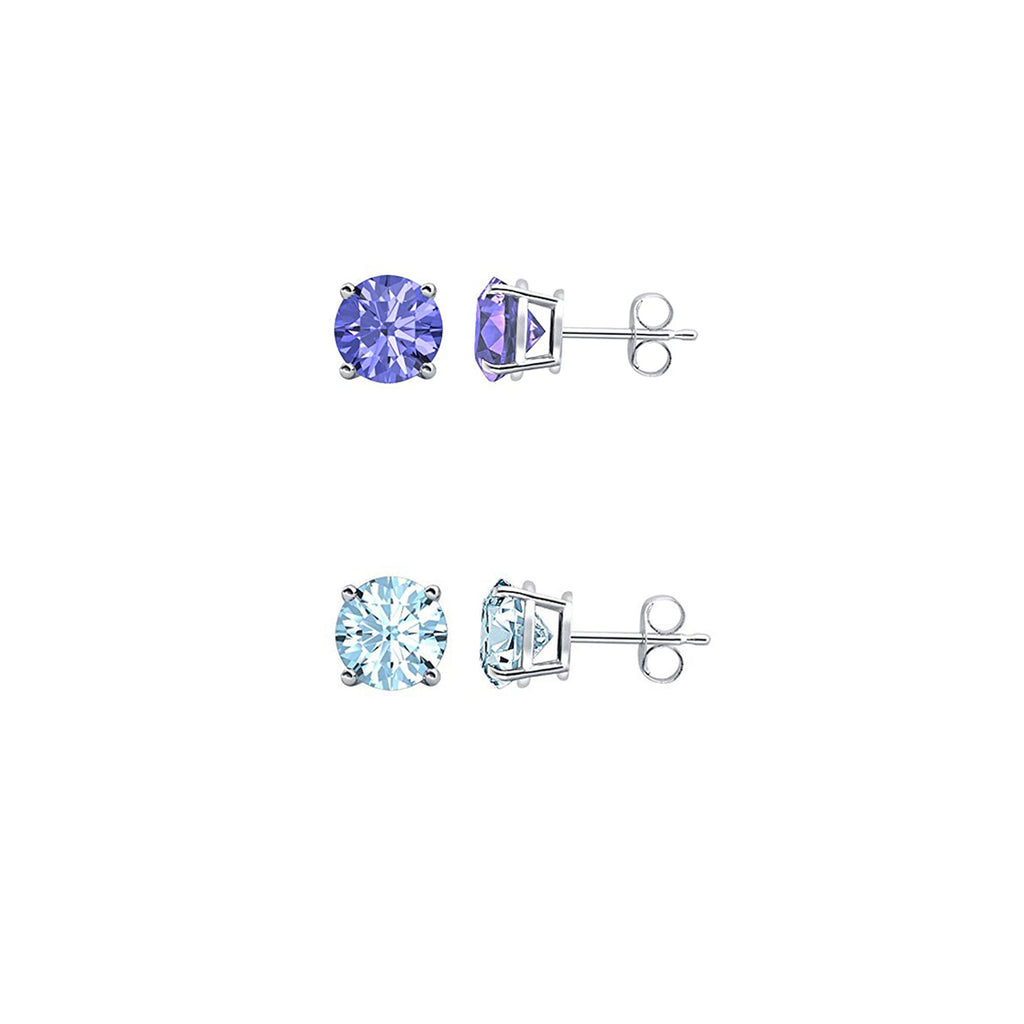 14k White Gold Plated 3Ct Created Tanzanite and Aquamarine 2 Pair Round Stud Earrings