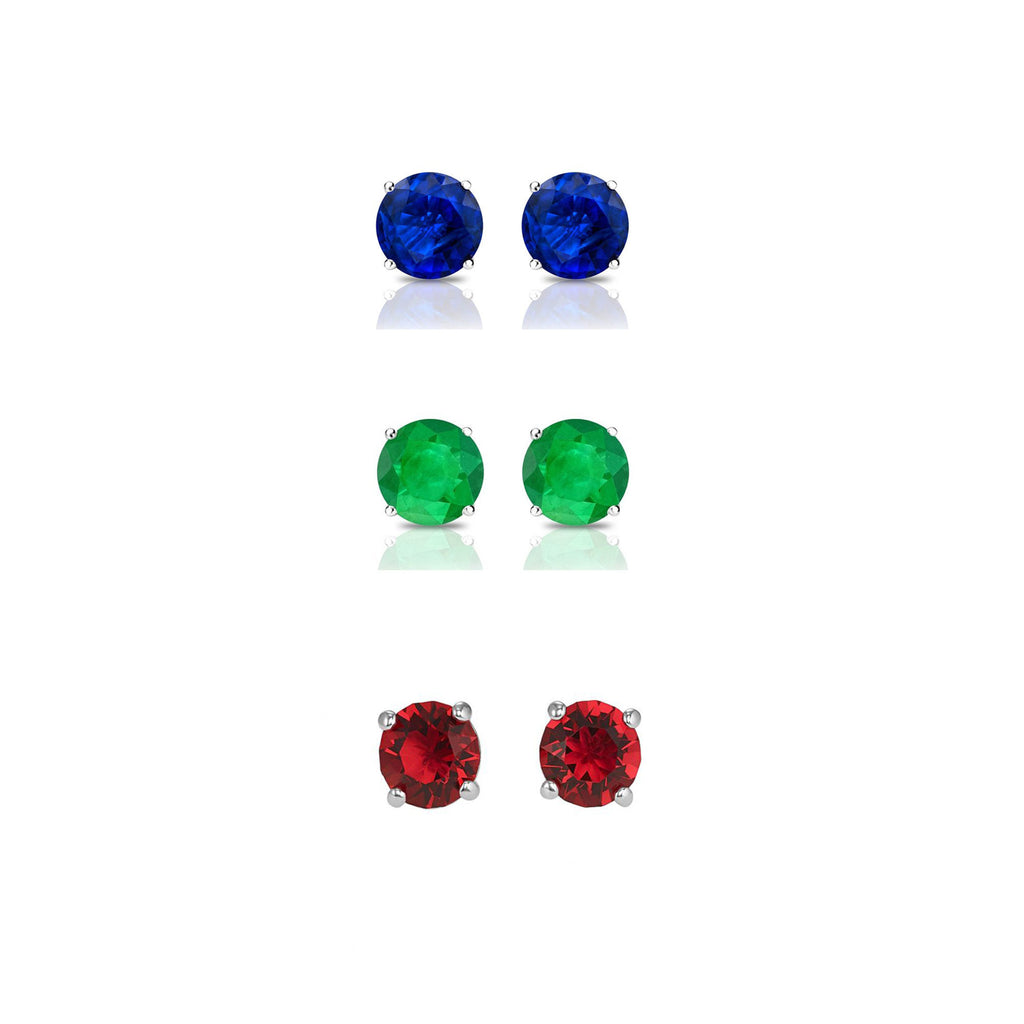 18k White Gold Plated 1/2Ct Created Blue Sapphire, Emerald and Ruby 3 Pair Round Stud Earrings