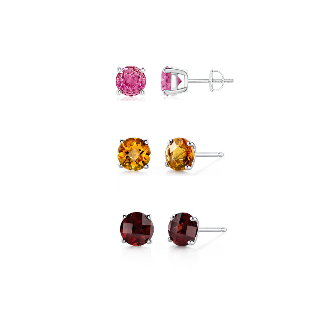 18k White Gold Plated 3Ct Created Pink Sapphire, Citrine and Garnet 3 Pair Round Stud Earrings