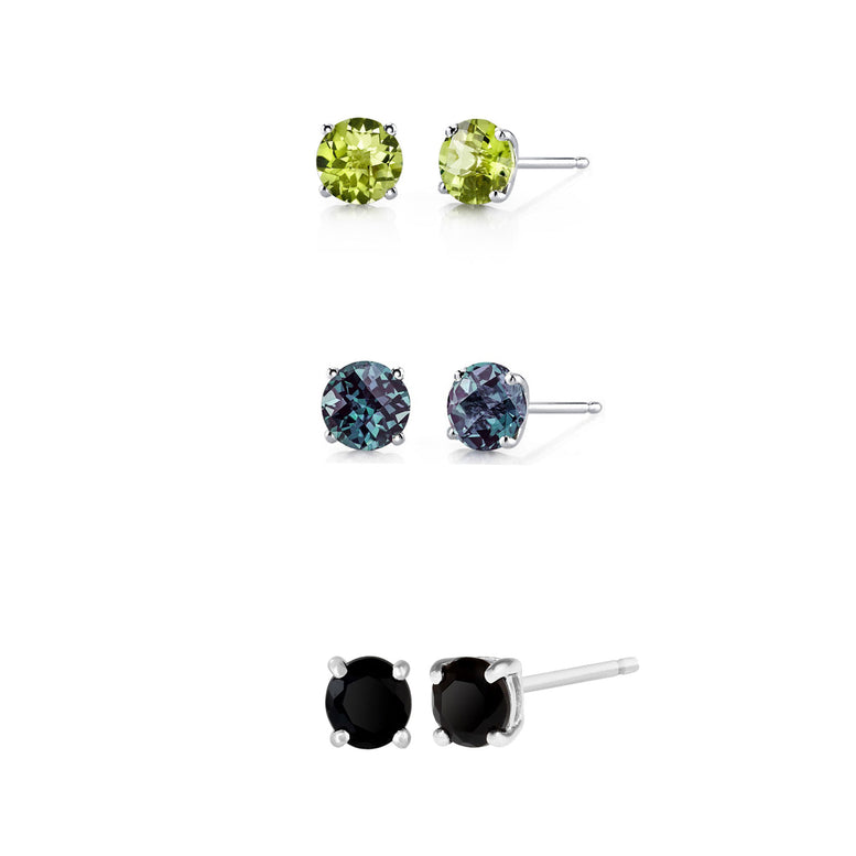 14k White Gold Plated 1Ct Created Peridot, Alexandrite and Black Sapphire 3 Pair Round Stud Earrings