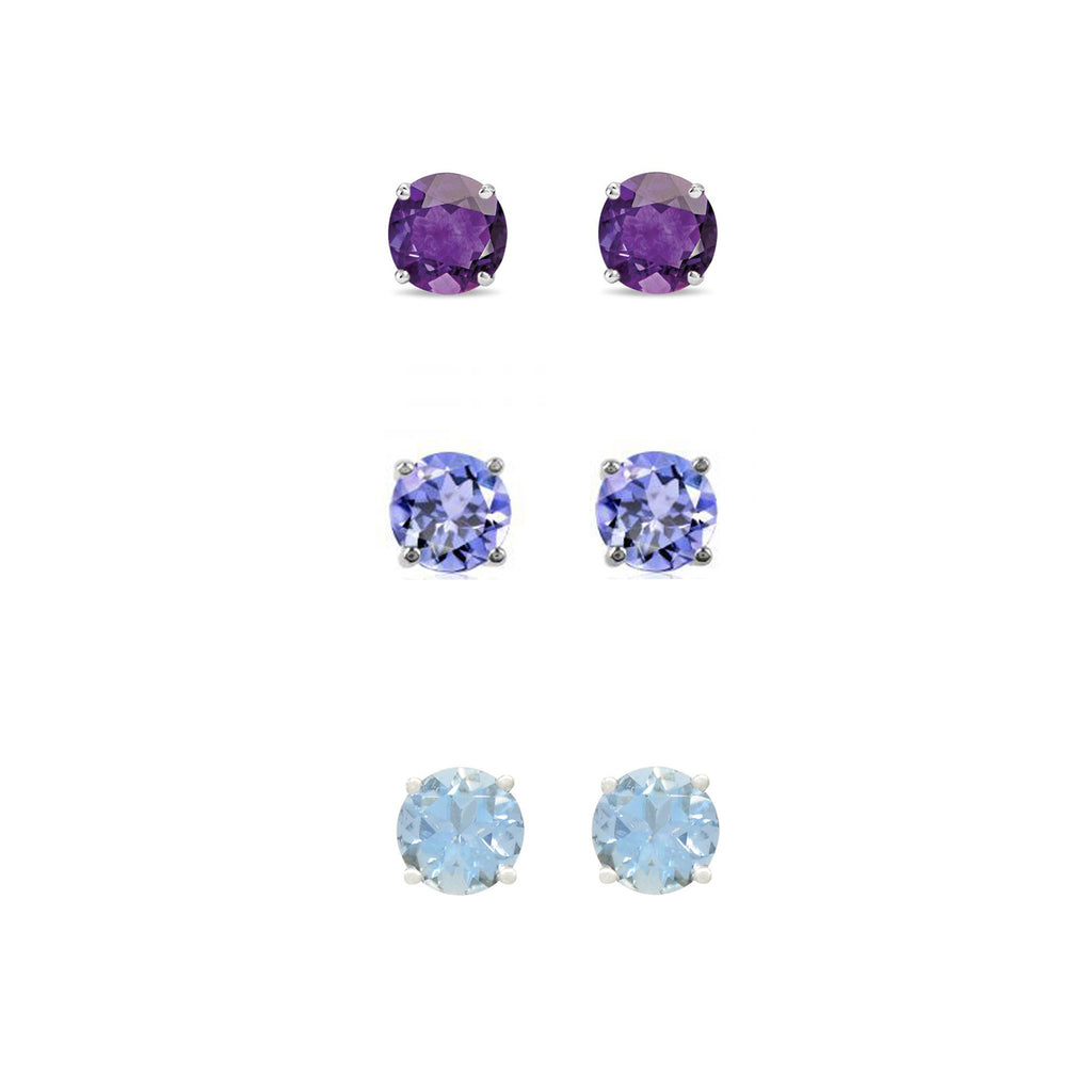 24k White Gold Plated 2Ct Created Amethyst, Tanzanite and Aquamarine 3 Pair Round Stud Earrings