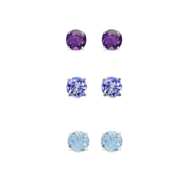 14k White Gold Plated 2Ct Created Amethyst, Tanzanite and Aquamarine 3 Pair Round Stud Earrings