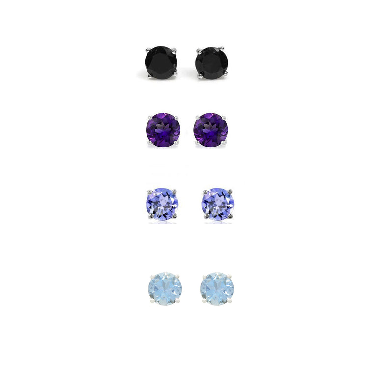 24k White Gold Plated 3Ct Created Black Sapphire, Amethyst, Tanzanite and Aquamarine 4 Pair Round Stud Earrings