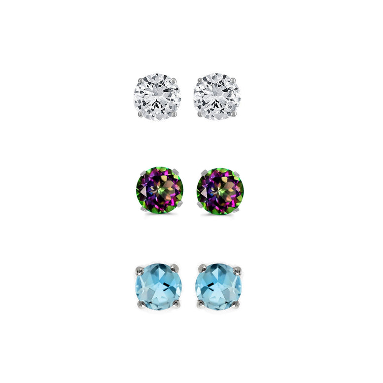 18k White Gold Plated 4Ct Created White Sapphire, Mystic Topaz and Blue Topaz 3 Pair Round Stud Earrings