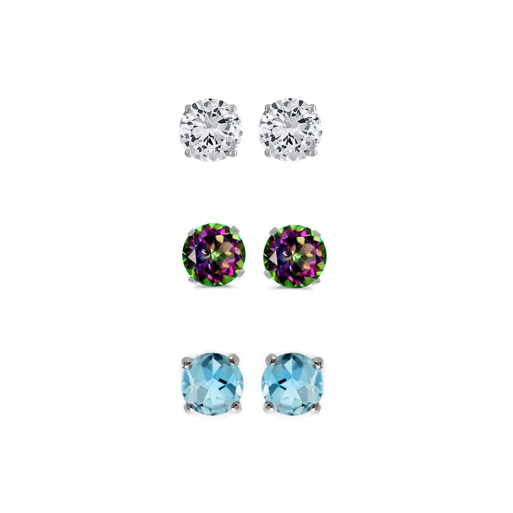 14k White Gold Plated 2Ct Created White Sapphire, Mystic Topaz and Blue Topaz 3 Pair Round Stud Earrings