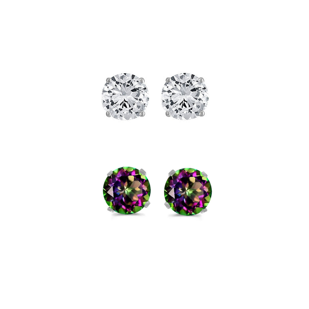 14k White Gold Plated 3Ct Created White Sapphire and Mystic Topaz 2 Pair Round Stud Earrings