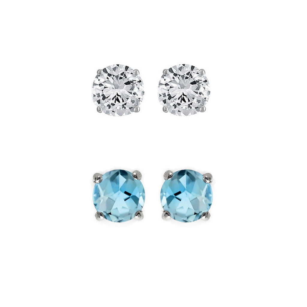 14k White Gold Plated 2Ct Created White Sapphire and Blue Topaz 2 Pair Round Stud Earrings