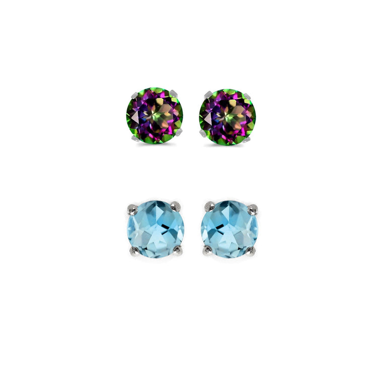 14k White Gold Plated 4Ct Created Mystic Topaz and  Blue Topaz 2 Pair Round Stud Earrings