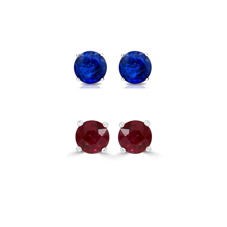 24k White Gold Plated 3Ct Created Blue sapphire and  Ruby 2 Pair Round Stud Earrings