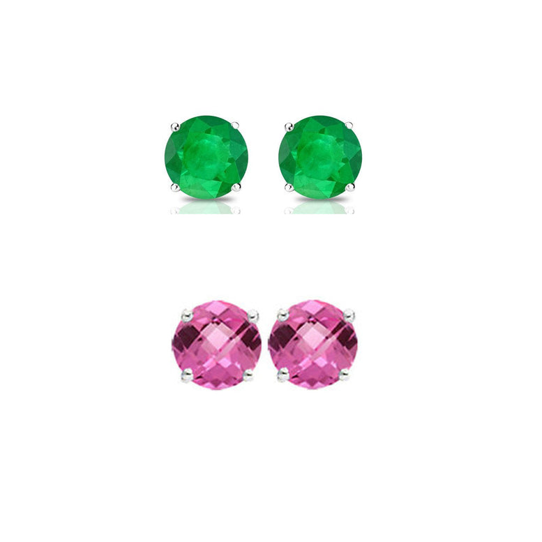 18k White Gold Plated 1Ct Created Emerald and Pink sapphire 2 Pair Round Stud Earrings
