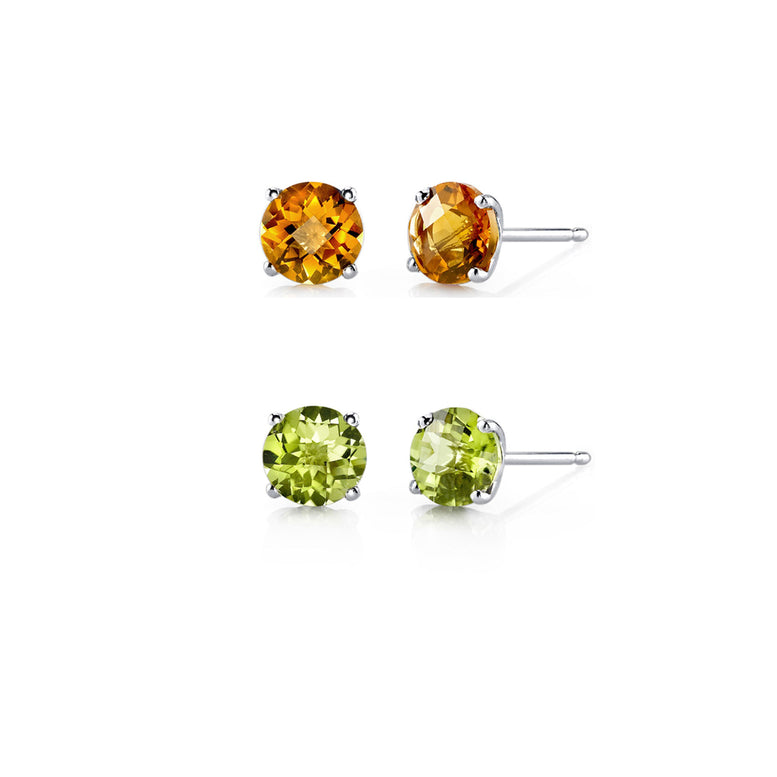 18k White Gold Plated 2Ct Created Citrine and Peridot 2 Pair Round Stud Earrings