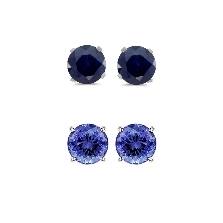 18k White Gold Plated 1Ct Created Black Sapphire and Tanzanite 2 Pair Round Stud Earrings