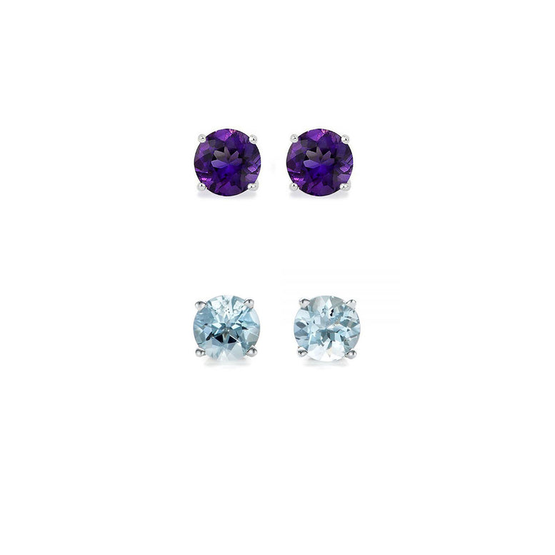 14k White Gold Plated 4Ct Created Amethyst and Aquamarine 2 Pair Round Stud Earrings