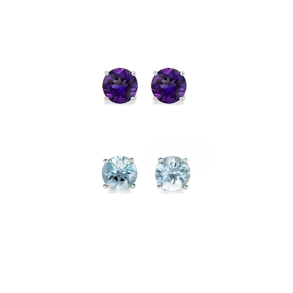 18k White Gold Plated 4Ct Created Amethyst and Aquamarine 2 Pair Round Stud Earrings