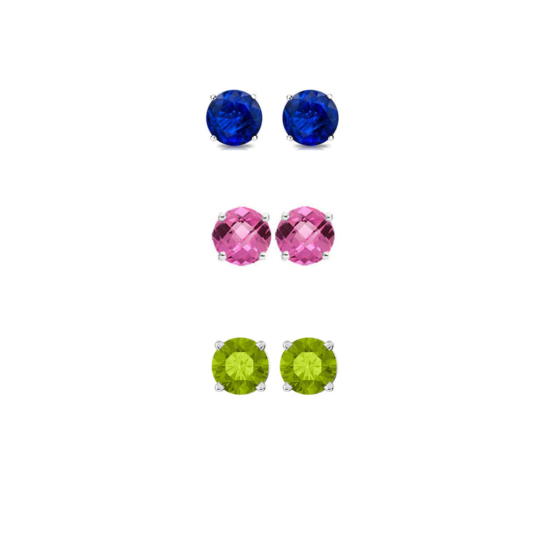 14k White Gold Plated 1Ct Created Blue Sapphire, Pink Sapphire and Peridot 3 Pair Round Stud Earrings