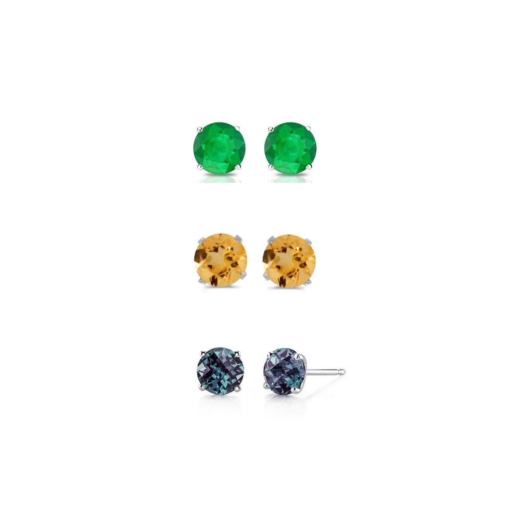 18k White Gold Plated 1Ct Created Emerald, Citrine and Alexandrite 3 Pair Round Stud Earrings