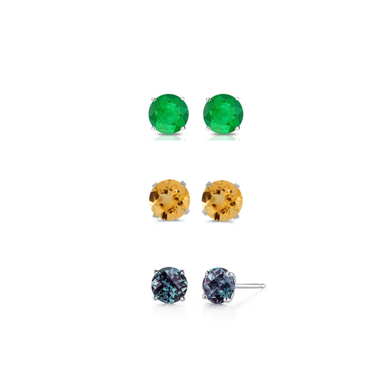 24k White Gold Plated 4Ct Created Emerald, Citrine and Alexandrite 3 Pair Round Stud Earrings