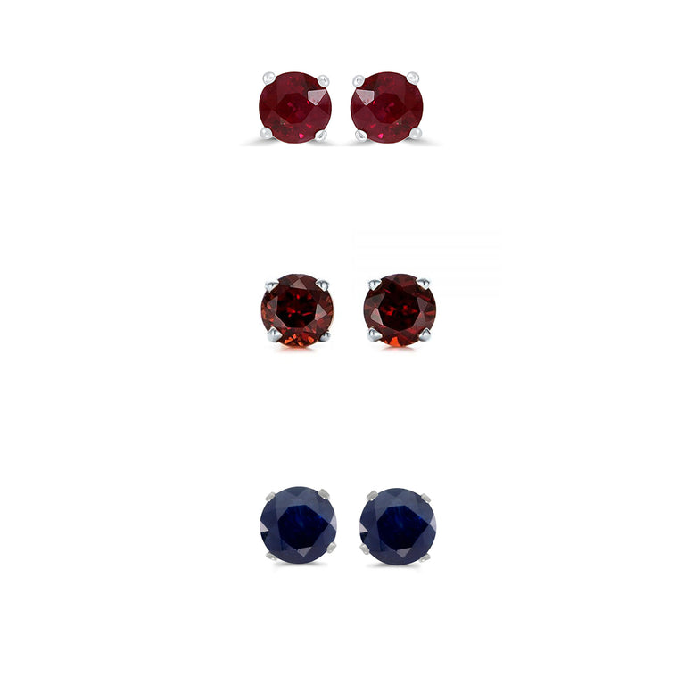 18k White Gold Plated 2Ct Created Ruby, Garnet and Black Sapphire 3 Pair Round Stud Earrings
