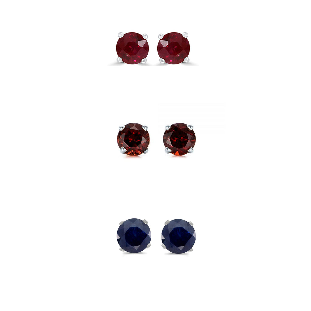 18k White Gold Plated 4Ct Created Ruby, Garnet and Black Sapphire 3 Pair Round Stud Earrings