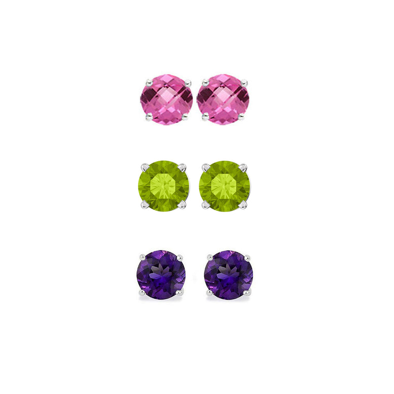14k White Gold Plated 4Ct Created Pink Sapphire, Peridot and Amethyst 3 Pair Round Stud Earrings