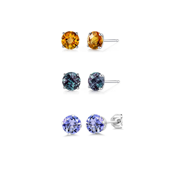 18k White Gold Plated 3Ct Created Citrine, Alexandrite and Tanzanite 3 Pair Round Stud Earrings