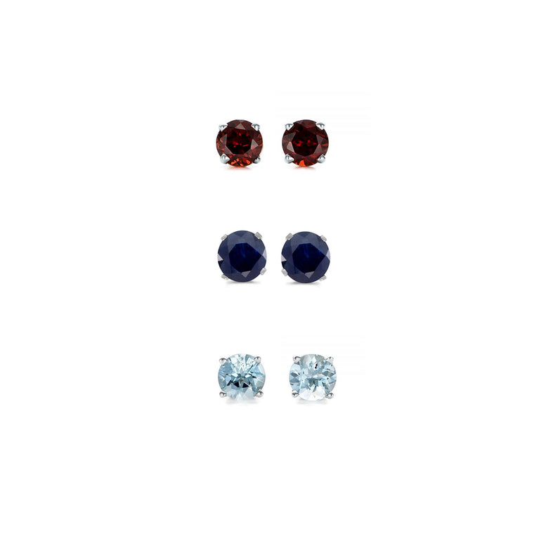 14k White Gold Plated 1/2Ct Created Garnet, Black Sapphire and Aquamarine 3 Pair Round Stud Earrings