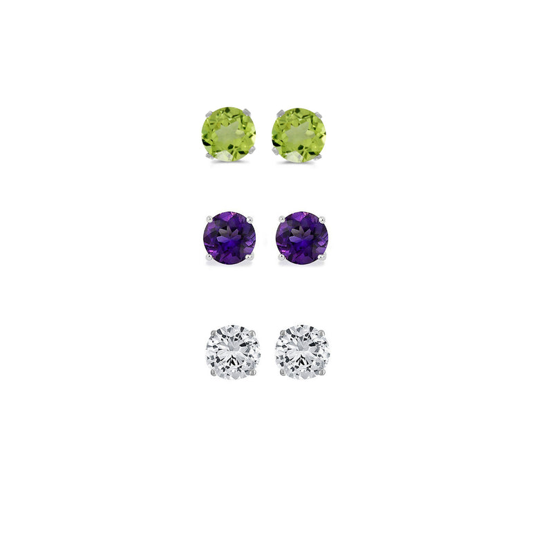 14k White Gold Plated 4Ct Created Peridot, Amethyst and White Sapphire 3 Pair Round Stud Earrings