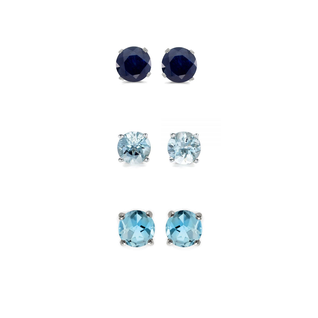 18k White Gold Plated 4Ct Created Black Sapphire, Aquamarine and Blue Topaz 3 Pair Round Stud Earrings