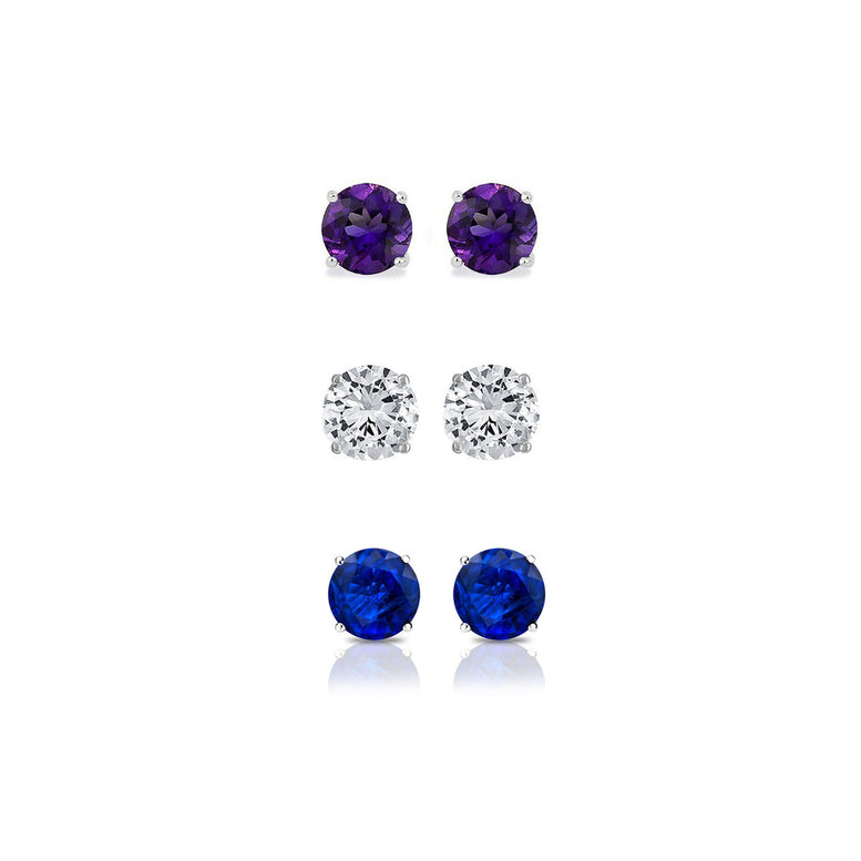 24k White Gold Plated 3Ct Created Amethyst, White Sapphire and Blue Sapphire 3 Pair Round Stud Earrings
