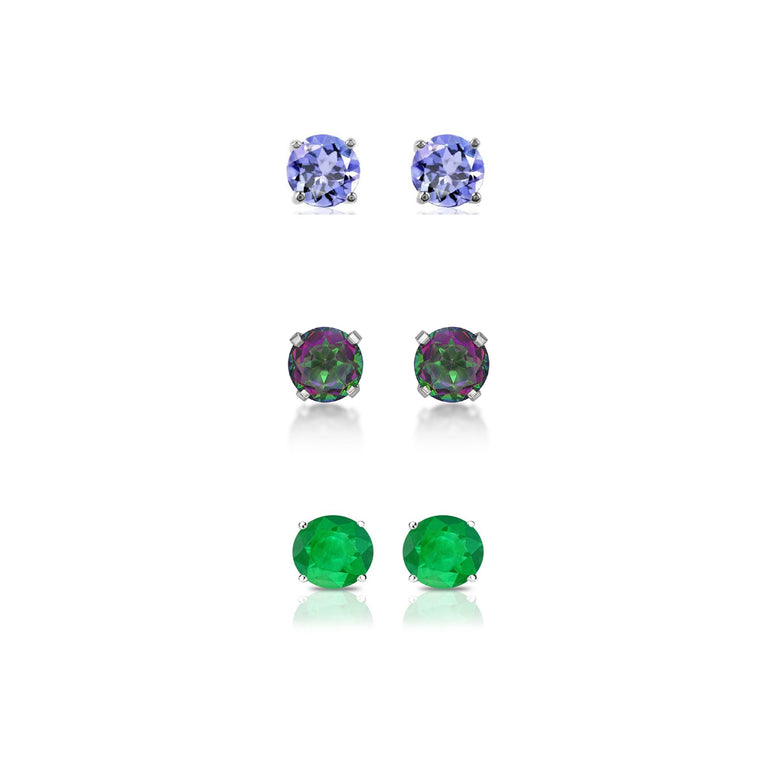 14k White Gold Plated 2Ct Created Tanzanite, Mystic Topaz and Emerald 3 Pair Round Stud Earrings