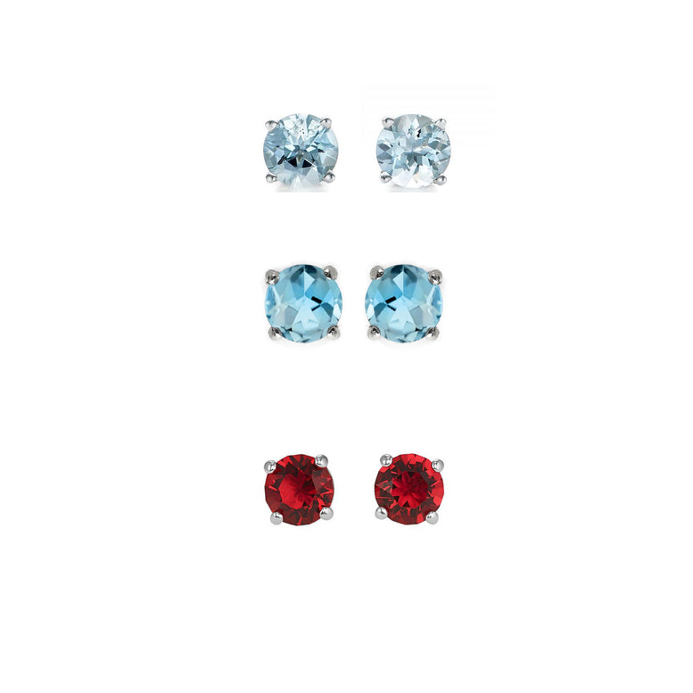 14k White Gold Plated 1/2Ct Created Aquamarine, Blue Topaz and Ruby 3 Pair Round Stud Earrings