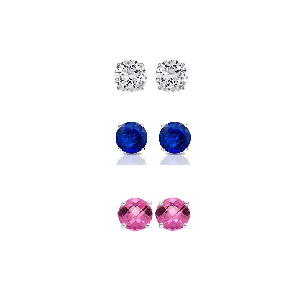 24k White Gold Plated 1Ct Created White Sapphire, Blue Sapphire and Pink Sapphire 3 Pair Round Stud Earrings