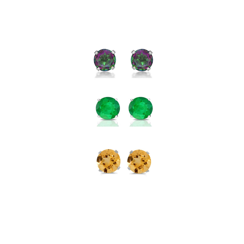 18k White Gold Plated 1/2Ct Created Mystic Topaz, Emerald and Citrine 3 Pair Round Stud Earrings