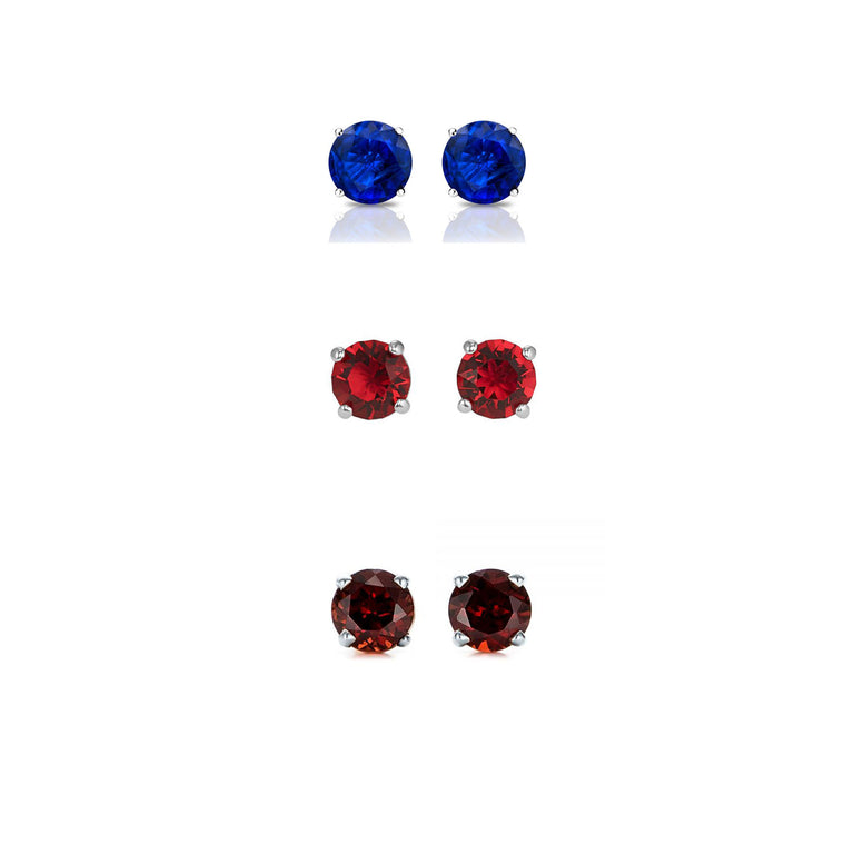 18k White Gold Plated 2Ct Created Blue Topaz, Ruby and Garnet 3 Pair Round Stud Earrings