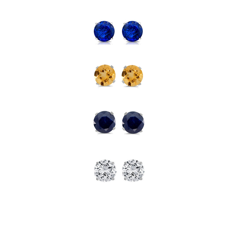 18k White Gold Plated 3Ct Created Blue Sapphire, Citrine, Black Sapphire and White Sapphire 4 Pair Round Stud Earrings