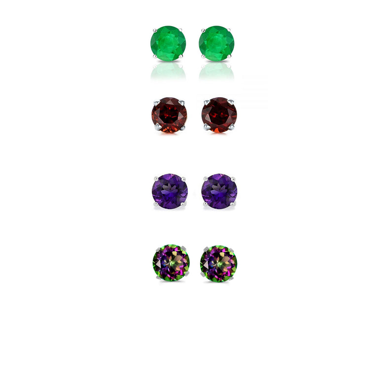 18k White Gold Plated 1Ct Created Emerald, Garnet, Amethyst and Mystic Topaz 4 Pair Round Stud Earrings