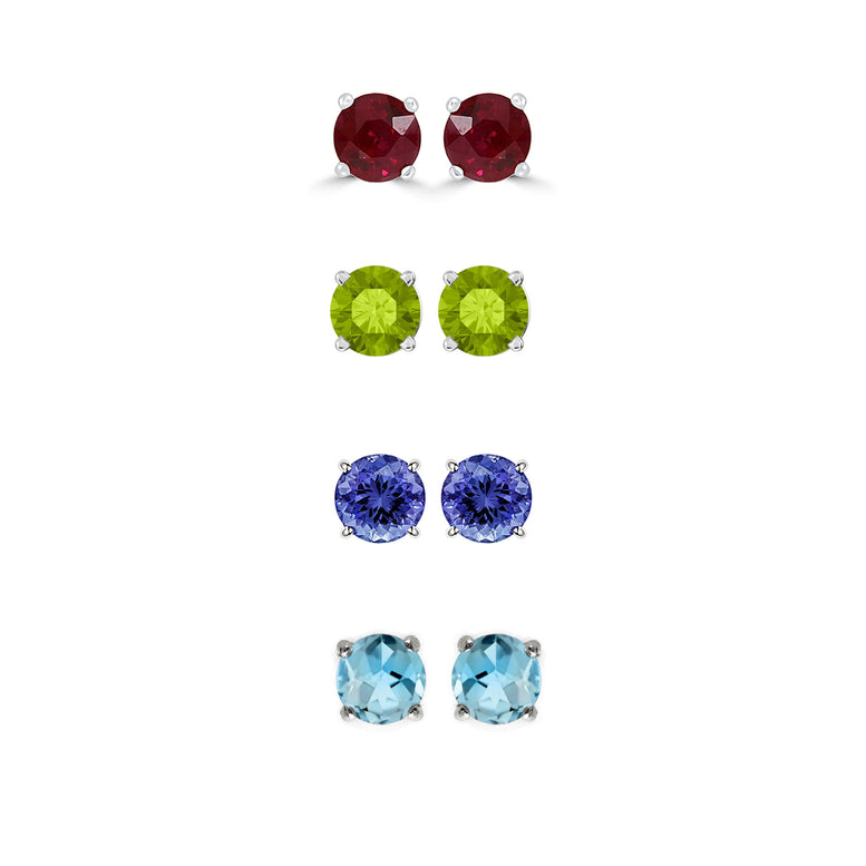 18k White Gold Plated 1/2Ct Created Ruby, Peridot, Tanzanite and Blue Topaz 4 Pair Round Stud Earrings