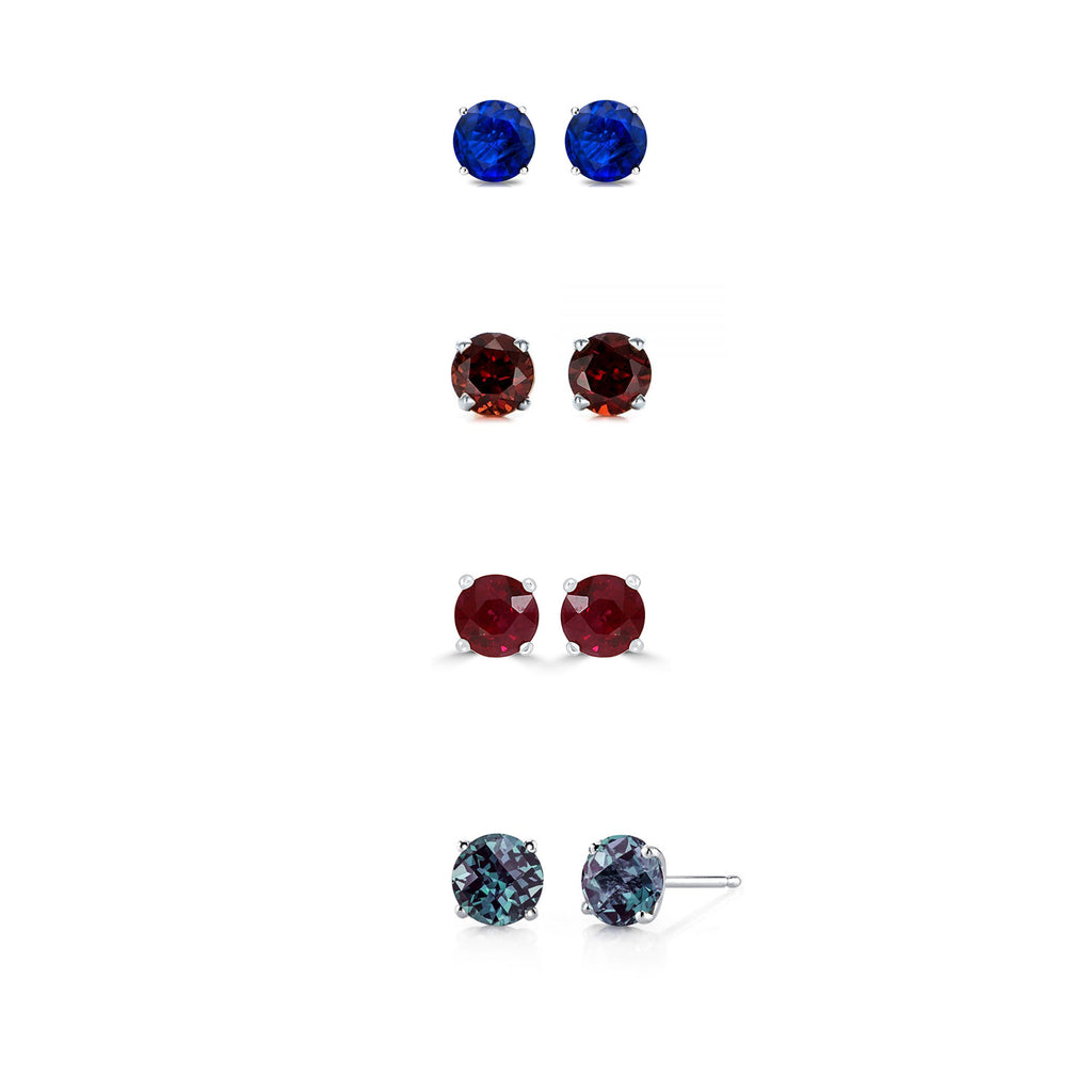 24k White Gold Plated 1Ct Created Blue Sapphire, Garnet, Ruby and Alexandrite 4 Pair Round Stud Earrings