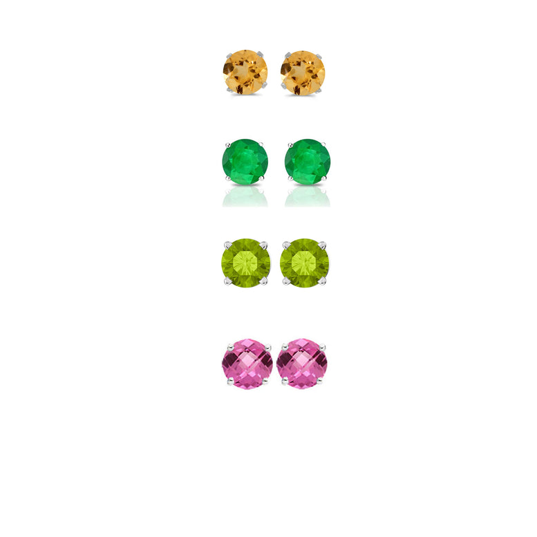 24k White Gold Plated 1Ct Created Citrine, Emerald, Peridot and Pink Sapphire 4 Pair Round Stud Earrings