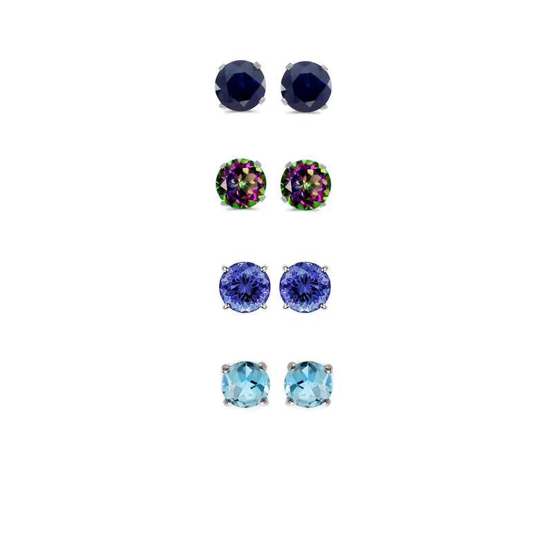 18k White Gold Plated 1Ct Created Black Sapphire, Mystic Topaz, Tanzanite and Blue Topaz 4 Pair Round Stud Earrings