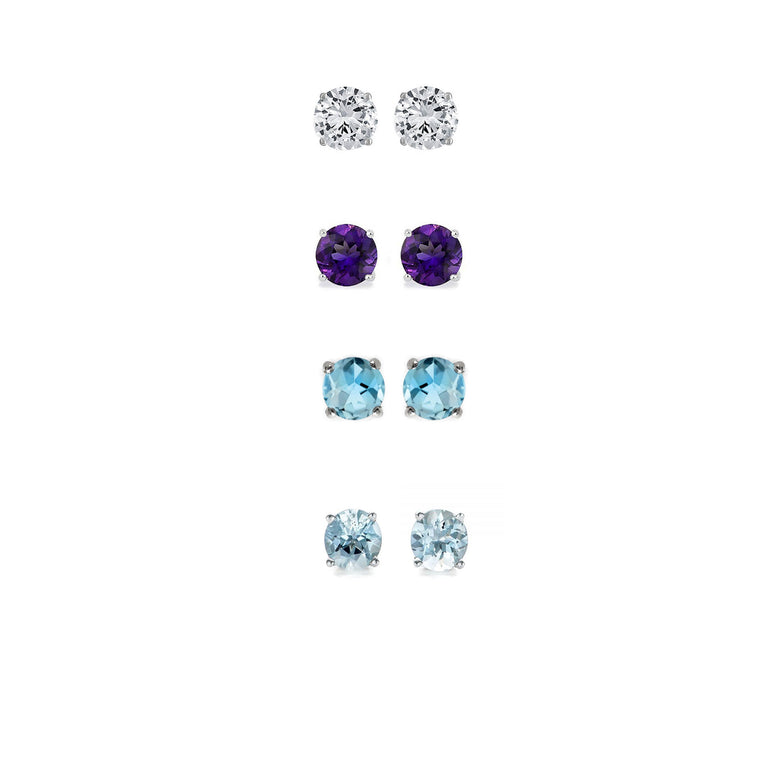 24k White Gold Plated 1/2Ct Created White Sapphire, Amethyst, Blue Topaz and Aquamarine 4 Pair Round Stud Earrings